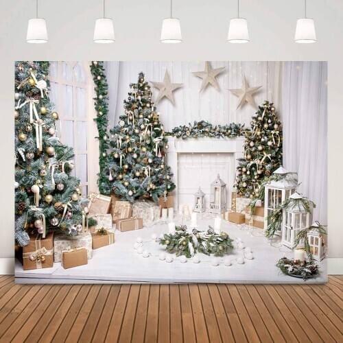 Merry Christmas Backdrop Photography Christmas Trees Gifts Winter Xmas White Living Room Background Fireplace Bells Stars Props