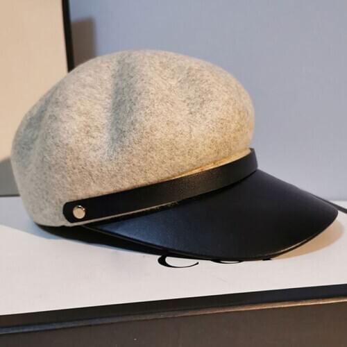 Wool Women Beret Autumn Winter Octagonal Cap PU Leather Hats Stylish Artist Painter Newsboy Caps Black Grey Beret Hats Quality