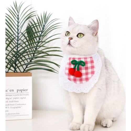 Lovely Cherry Neckerchief Plaid Dot Print Lace Bibs Scarf Saliva Cleaning Towel Neckerchief Decorations For Dog Cat Pet Accessor