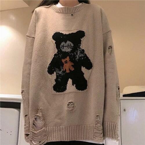 Cute Kawaii Street Bear Jacquard Hole Knit Pullover Autumn And Winter Loose Warm Sweatshirt Women Men 2021 Ladies Clothing