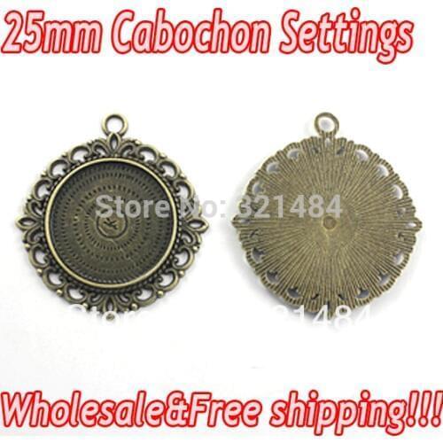 Vintage Antique bronze brass alloy metal 100pcs 25mm round Pendant Blank Base Tray Bezel Cameo Cabochon Setting Jewelry Findings