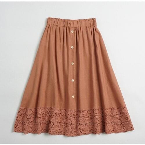 Japan Style Cotton linen Solid Color Embroidery Big Hem Skirt Literature Mid-length Elastic Waist Skirt