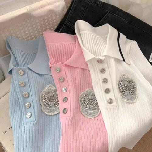 High Quality Women Fashion Summer Sweet Cute Diamond Preppy Color Matching Short Sleeved Ice Silk Knitted Polo Shirt Blouse