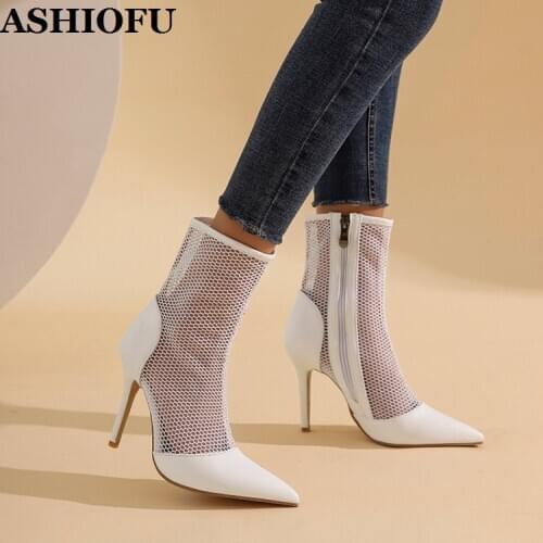 ASHIOFU Handmade Womens High Heels Boots 2021 New Real-photos Air-mesh Patchwork Sexy Evening White Color Fashion Short Boots