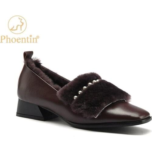 Phoentin Women mid heel Pumps new arrival autumn winter 2020 Genuine Leather Retro slip on Warm Plush Casual shoes FT1260