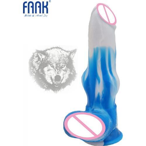 FAAK silicone animal dog dildo colorful penis with suction cup female masturbator clit massage knotted cock white blue red