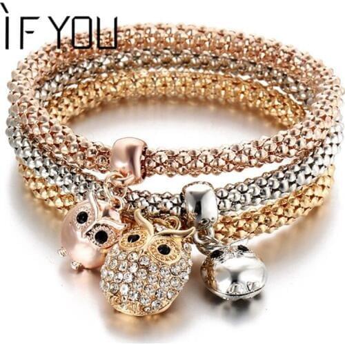 IF YOU 3PCS/SET High Quality Crystal Pendant Multilayer Bangles Elasticity Bracelet Metal Charm Bracelets For Women Gift