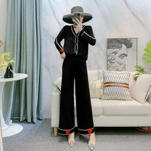 Women V Neck Long-Sleeved Loose Heart Knitted Sweater Top+Wide-leg Ankle-length Pants 2021 Womens Autumn Casual Knitting Suits