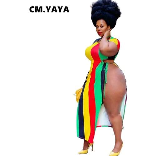 CM.YAYA Women Plus Size Dress Striped Short Sleeve Bandage Hollow Out Split Asymmetrical Long Maxi Dresses Fashion Summer Outfit