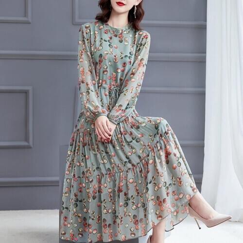 2021 Spring Women Dress Knee-Length Long Sleeve Polka-Dot Printed Chiffon Dress Big Swing Elegant High Waist With Sashes Dress