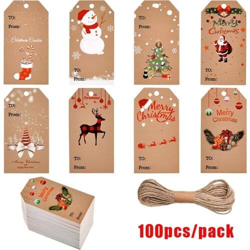 100 Pcs Rectangle Merry Christmas Tags Kraft Paper Christmas Gift Labels For Christmas Theme Party Handmade Gift Decoration Tag