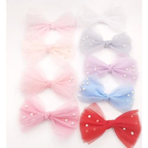 7pcs/lot 8*12cm Pearl gauze bow DIY Tie Shaped Appliques for Craft Clothes Sewing Supplies DIY Hair Clip Accessories