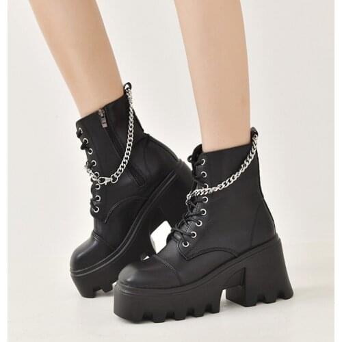 Womens Ankle Boots Platform PU Leather Lace-up Female Footwear Thick Bottom Motorcycle Boots Casual Ladies Shoes Fashion 2021