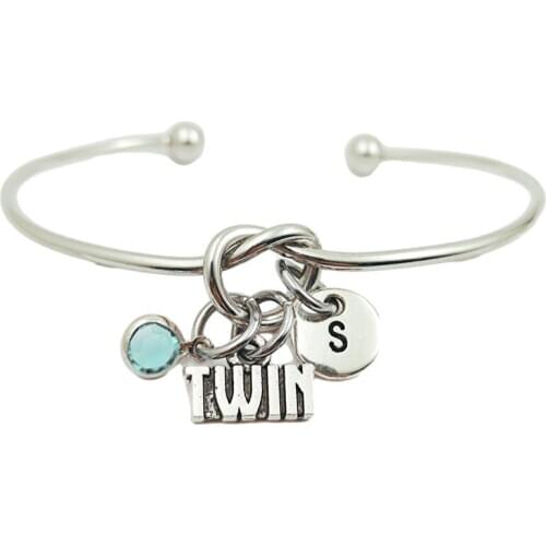 Twin Sister Brother Retro Creative Initial Letter Monogram Birthstone Adjustable Bracelet Fashion Jewelry Women Gift Pendant