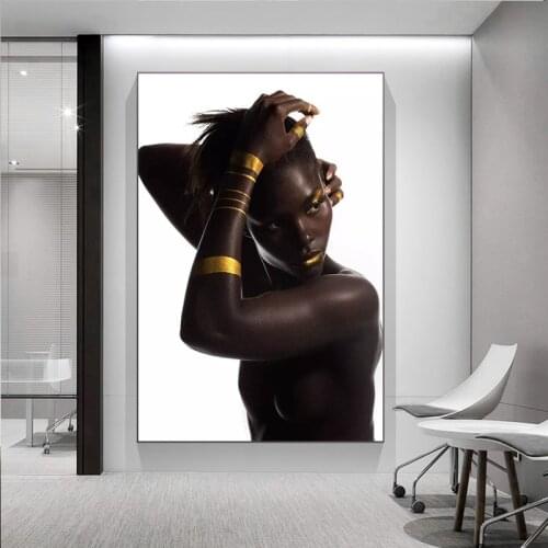 Black Gold African Nude Woman Oil Painting on Canvas Scandinavian Posters and Prints Cuadros Wall Art Picture for living room