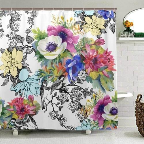 Blossoming Wildflowers Birds Leaves and Branches Bathroom Shower Curtain Waterproof Polyester Fabric Bath Curtain Landscape