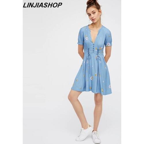 Elegant vintage summer dress sale 2019 blue strawberry sashes high waist nipped waists wrinkle A line short party dress