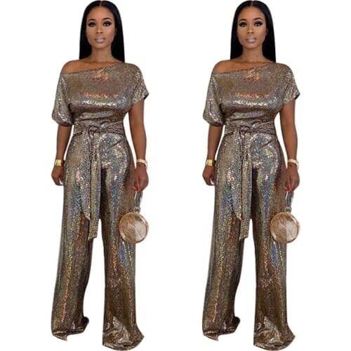 Elegant Style Solid Color Off The Shoulder Glitter Short Sleeve Women Autumn New Jumpsuit European And American Fashion Rompers