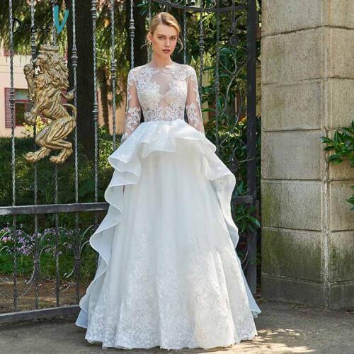 Dressv ivory lace a line appliques wedding dress long sleeves ruffles button floor length bridal outdoor&church wedding dresses