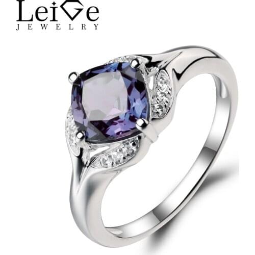 Leige Jewelry Lab Alexandrite Wedding Rings 925 Sterling Silver Cushion Cut Fine Color Changing Gemstone June Birthstone Ring
