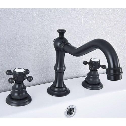 Black Oil Rubbed Brass Two Cross Handle Deck-Mount 3 Hole Widespread Bathroom Lavatory Vessel Basin Faucet Sink Mixer Tap dsf541