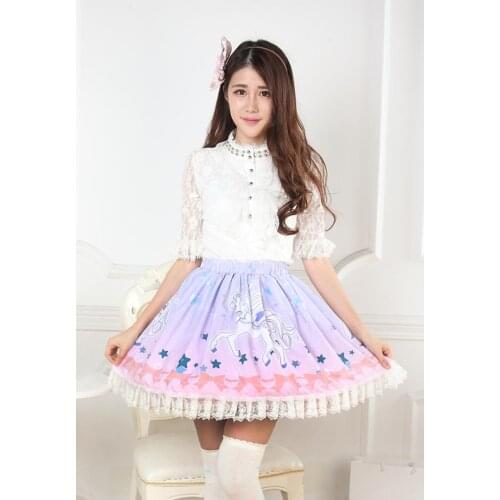 2016 new women harujuku pink bow stars unicorn print lolita princess pleated lace high quality Japanese fashion purple skirts