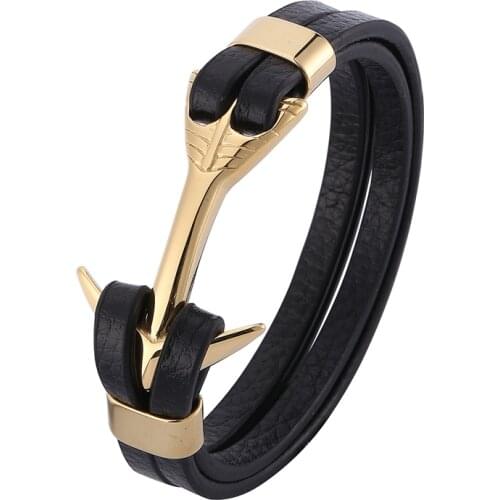 Trendy Men Jewelry Black Multilayer Leather Bracelet Stainless Steel Anchor Bracelets Charm Leather Wristband Party Gifts PD0756