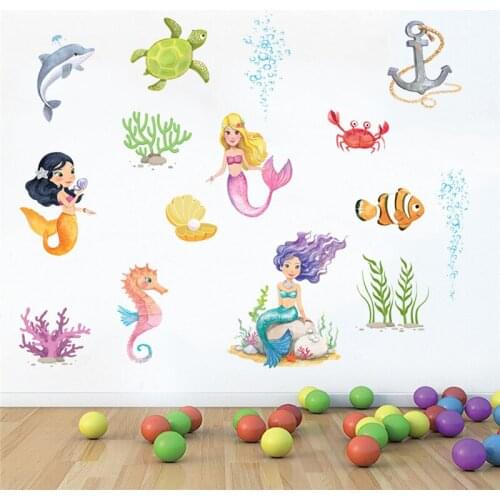Cartoon Mermaid Wall Stickers For Kids Rooms Home Decor Baby Room Underwater Fish Wall Decal Girl Bedroom Decorative Sticker