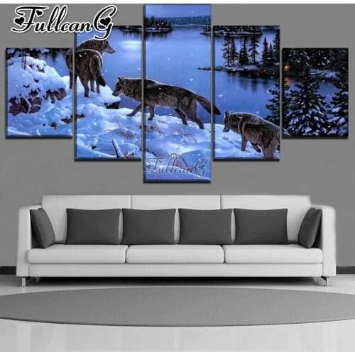 FULLCANG Snow wolf lake scenery 5 piece diy diamond painting full square round drill mosaic embroidery sale home decor FC3594