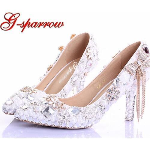 Pointed Toe High Heels New Arrival White Pearl Wedding Shoes Mother of the Bride Shoes Rhinestone Comfortable Performance Shoes