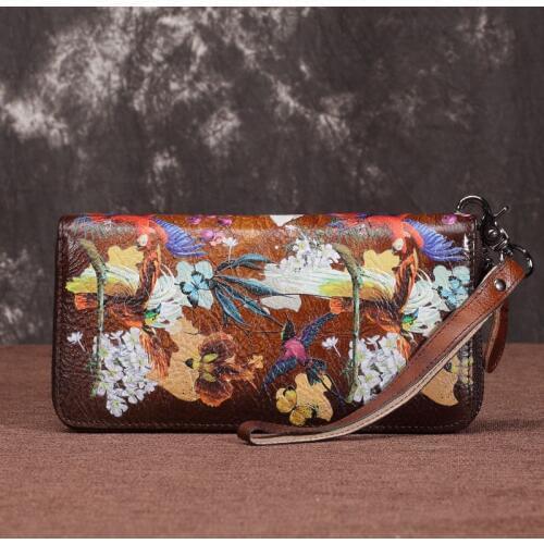 New Purse Money Clips Bags Female Printing Floral Large Multi-Cards Genuine Leather Vintage Long Clutch Handy Bag Women Wallets
