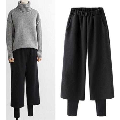 Autumn and winter new thick woolen wide leg pants female loose woolen fake two pieces nine pants trousers casual pants