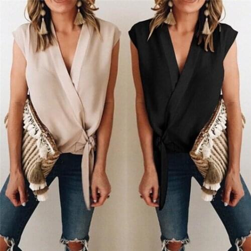 Sexy Solid Deep V Chiffon Women Blouse Shirt Summer Short Bow Sleeveless Top Blouse Summer Casual Office Streetwear Tops