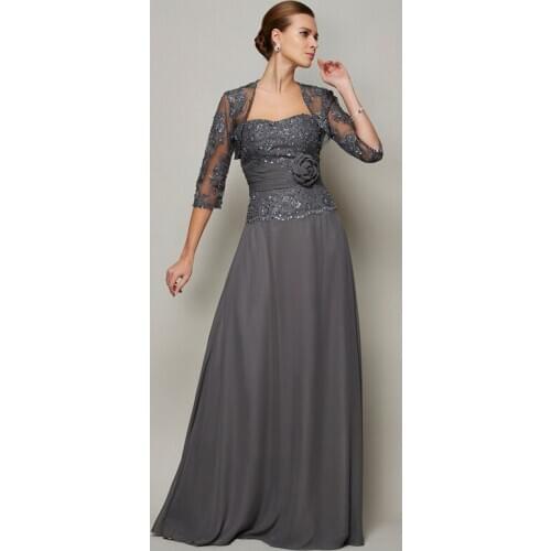 New Graceful Gray Two Pieces Lace Mother of the Bride Dresses With Jacket Sweetheart Applique Beads Wedding Guest Gowns On Sale