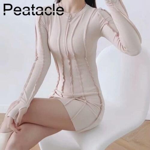 Peatacle Corrugated Leaky Finger Dress Long Sleeve Round Neck, Asymmetrical Outside Slim Bottoming Skirt Women