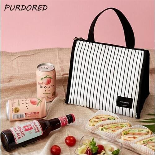 PURDORED 1 Pc Fashion Stripe Lunch Bag for Women Food Picnic Cooler Box Insulated Tote Bag Food Container Bento Bag Organizer