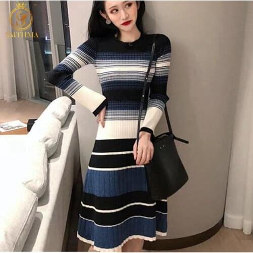 SMTHMA 2021 New Autumn And Winter Clothing Vintage Flare Long Sleeves Sweater Dresses Womens Striped Knitted Dress Vestidos