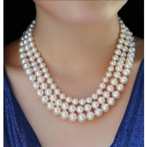 Triple strands 8-10mm round Freshwater white pearl necklace 18-20inch