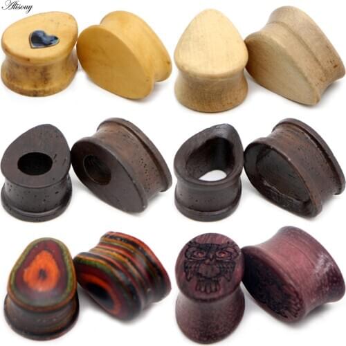 Alisouy 2pcs Owl Ebony Hollow Wood Ear Plugs Tunnels Exapander Strechers Water Drop Oval Shape Earrings Piercing Body Jewelry