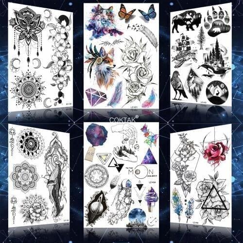 Waterproof Black Sketch Flora Cat Fox Spaceman Temporary Tattoos For Women Fake Sticker Men Tattoo Triangle Body Arm Tatoo Paper