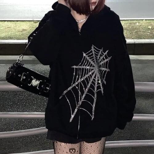 Goth Jacket Women Zipper Hooded Coat Ladies Punk Spider Web Outwear Female loose Jacket Harajuku Coats Casual Jumper 2021