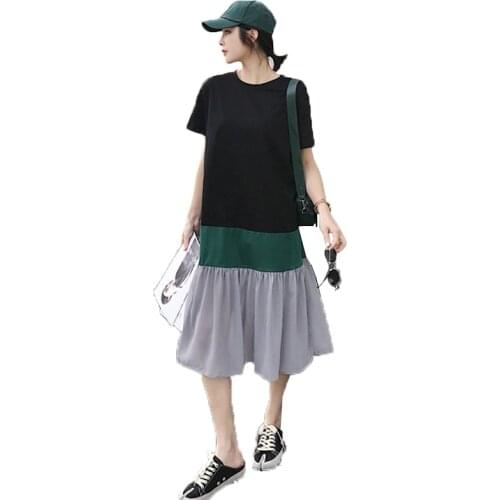 NYFS Summer dress 2021 New Loose Cotton Stitching chiffon hem long dress Vestidos Robe Elbise Loose Vintage Woman dress