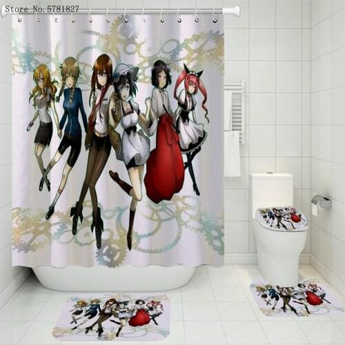 3/4 Pieces Steins;Gate Shower Curtains Sets Japan Game Cartoon Carpet Pedestal Rug Lid Toilet Cover Bath Mat Anime Bathroom Set