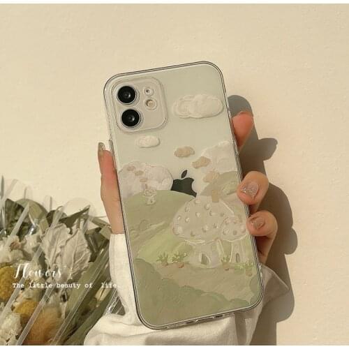 Retro mushroom house Clouds oil painting art Phone Case For iPhone 11 12 Pro Max Xr Xs Max 7 8 Plus X 7Plus case Cute Soft Cover