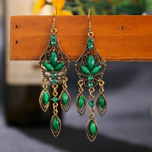 Ethnic Bollywood Oxidized Green Beaded Indian Earrings Jhumka Vintage Gypsy Gold Metal Lotus Flower Carved Dangle Earrings Women