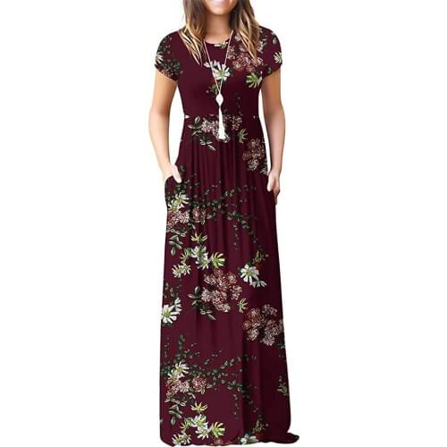 GULE GULE Short Sleeve Summer Pleated Empire Waist Round Neck Floral Maxi Long Pockets Dress