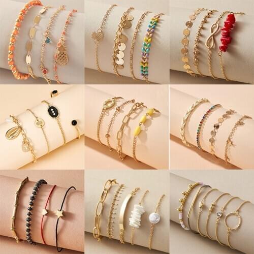 Docona Bohemian Beads Broken Stone Bangles Sets for Women Fashion Vintage Multilayer Crystal Chain Bracelets Jewelry Gift