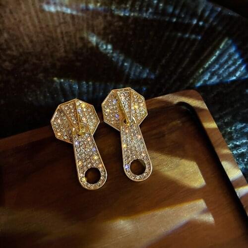 Origin Summer Unique Design Bling Bling Zipper Shape Dangle Earings for Women Temperament Rhinestone Earings Party Jewelry