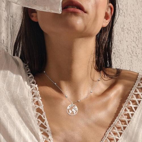 100% Stainless Steel World Map Necklaces For Women Globe Earth Choker Wanderlust Necklace Collares Collier Femme Boho Jewelry