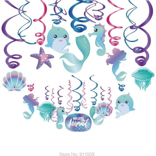 Mermaid Spiral Party Decoration PVC Hanging Swirl With Mermaid Paper Card For Girls Birthday Party Little Mermaid Party Supplies
